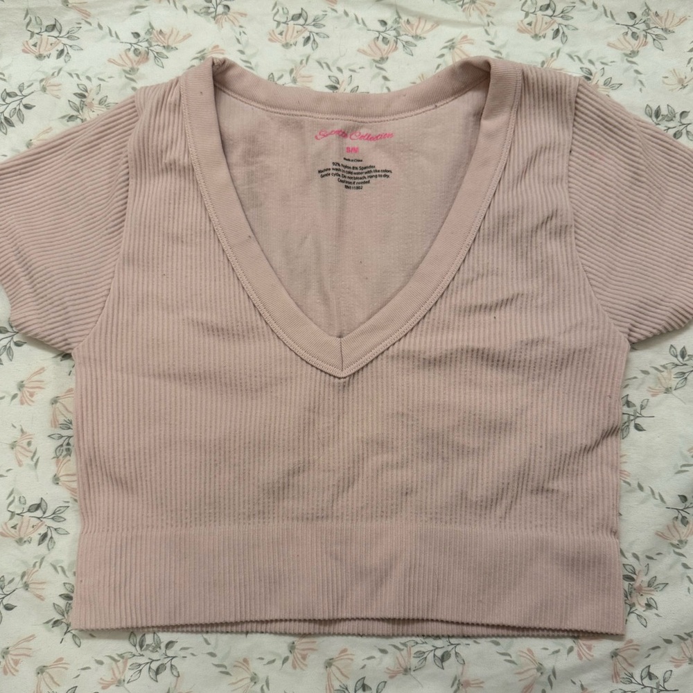 Pink V-Neck Ribbed Crop Top